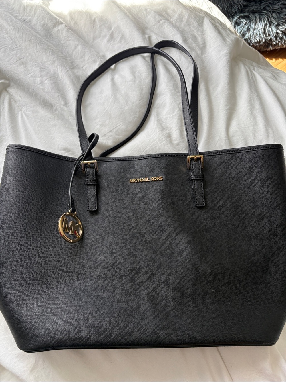 MICHAEL Michael Kors Black Saffiano Leather Tote with Gold Hardware
